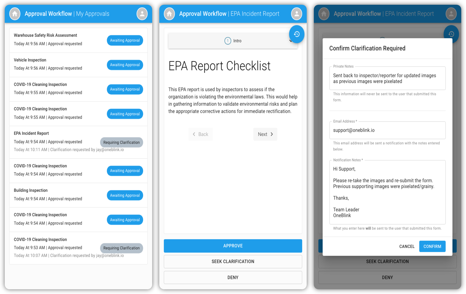 OneBlink LcS Approvals Workflow Mobile View